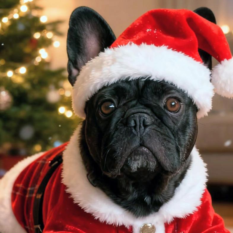 A close-up of a black French bulldog wearing a red and white Santa hat and matching suit while lying on a rug with a glowing Christmas tree in the background.