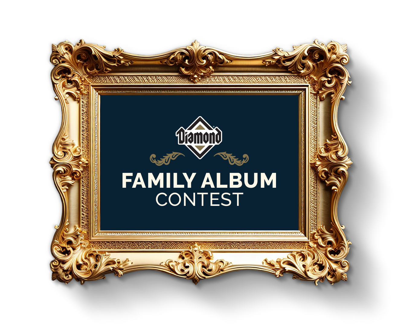 A decorative gold frame surrounding a navy blue center featuring the Diamond company logo and the words, ‘Family Album Contest’ in bold white text.