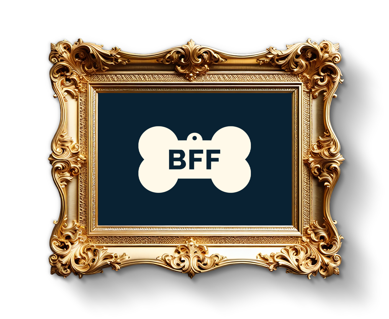 An icon of a white bone-shaped pet tag with the text ‘BFF’ in navy blue, presented in a decorative gold frame.