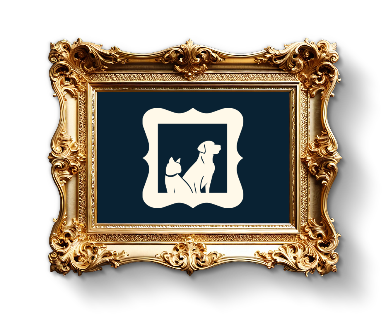 An icon of a white cat and dog sitting side by side, presented in a decorative gold frame.