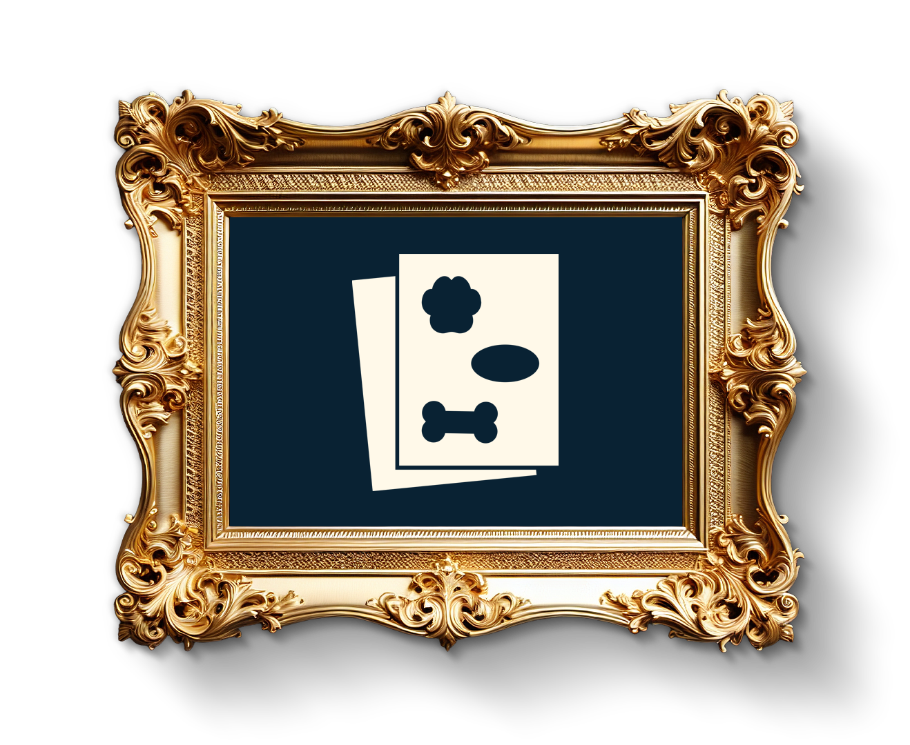 An icon of white papers featuring a paw print, an oval and a bone shape, presented in a decorative gold frame.