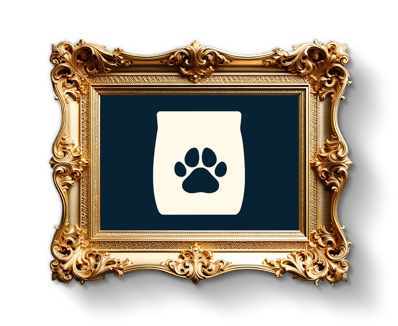 An icon of a white pet food bag with a paw print, presented in a decorative gold frame.