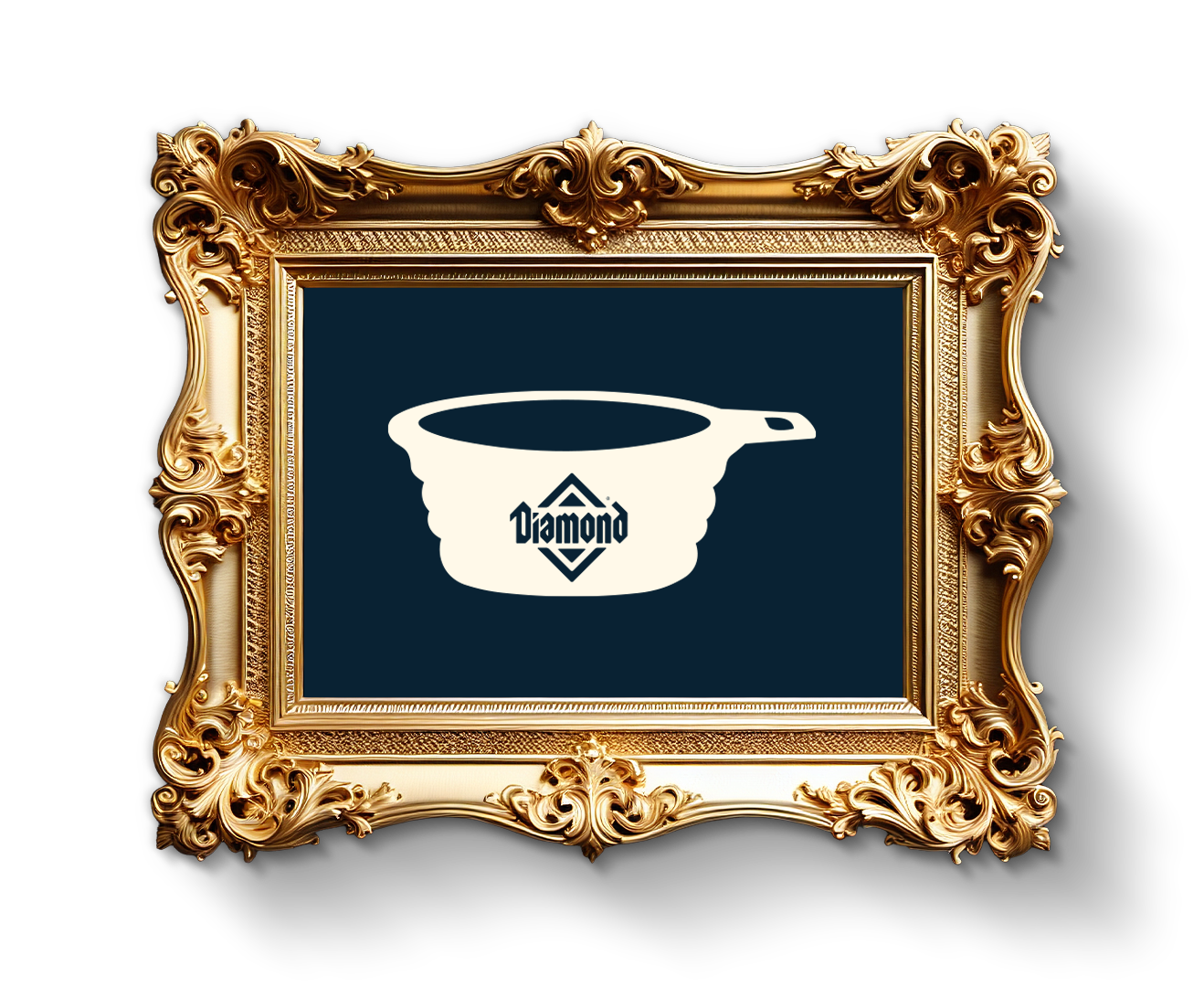 An icon of a white pet food bowl with the Diamond company logo on it, presented in a decorative gold frame.