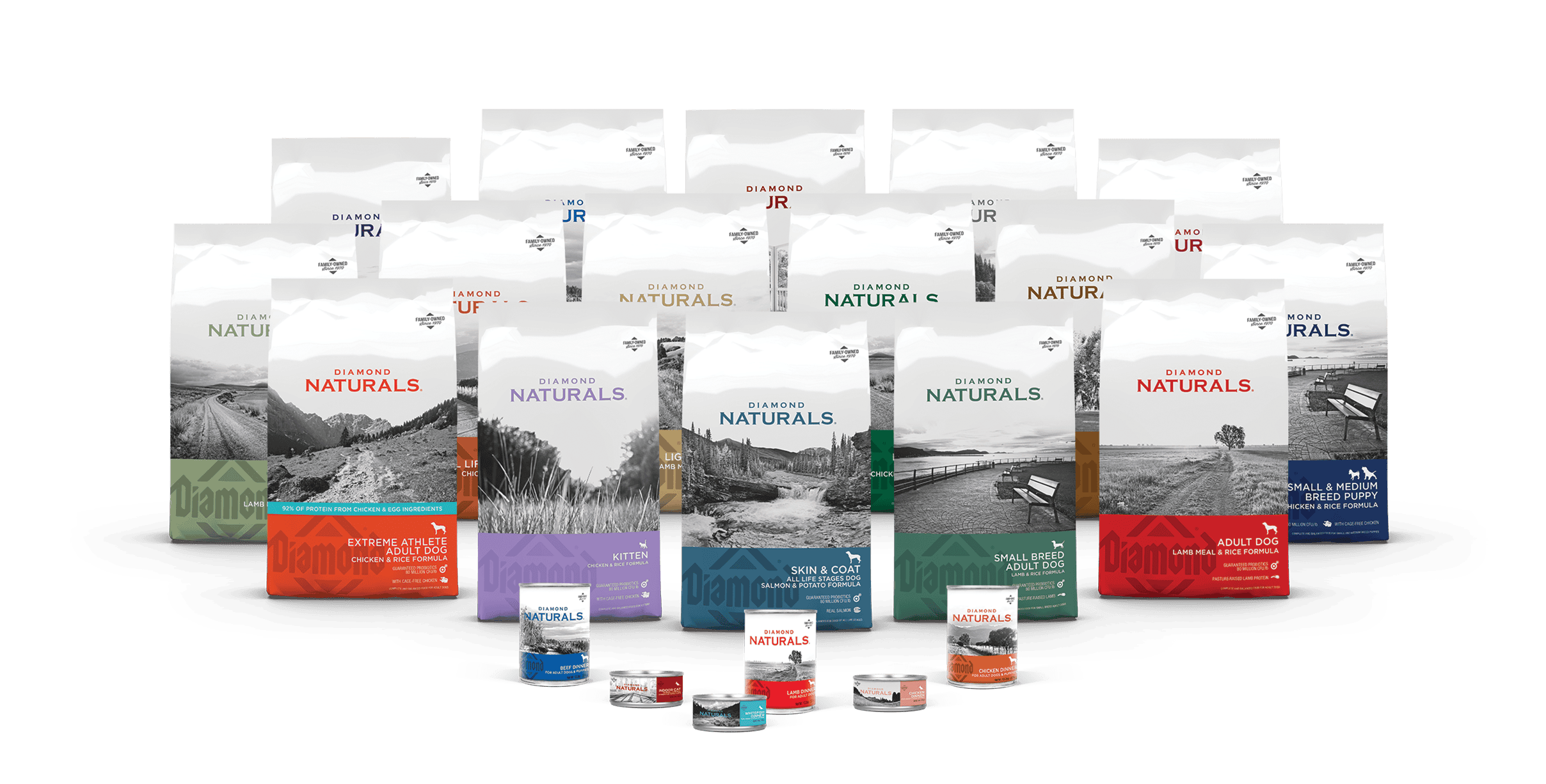 Bags and cans of Diamond Naturals family of pet foods