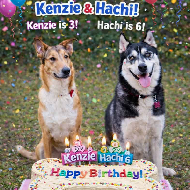 Two dogs, Kenzie and Hachi, sitting side-by-side behind a large bone-shaped cake that says, 'Happy Birthday' with lit candles.