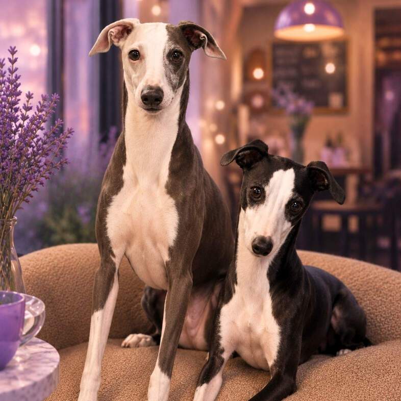 A gray and white Italian greyhound posing in a dog bed next to a black and white greyhound.